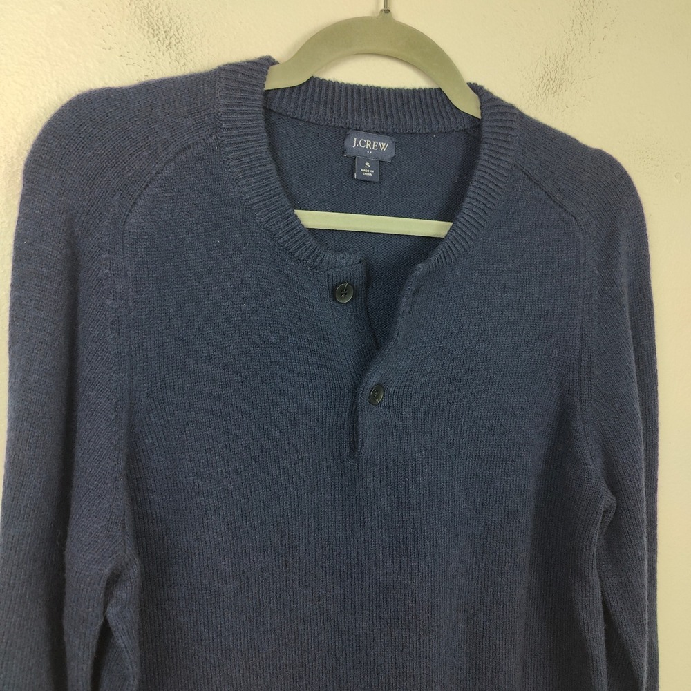 J Crew Henley Sweater Mens Small Navy Blue Lambswool Blend Knit Preppy - Picture 3 of 10